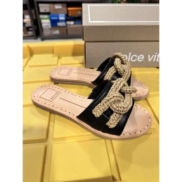 Dolce Vita Desa Slide Trendy Sandals in Black Leather‎ - Size 6
