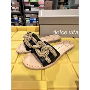 Dolce Vita Desa Slide Trendy Sandals in Black Leather‎ - Size 6