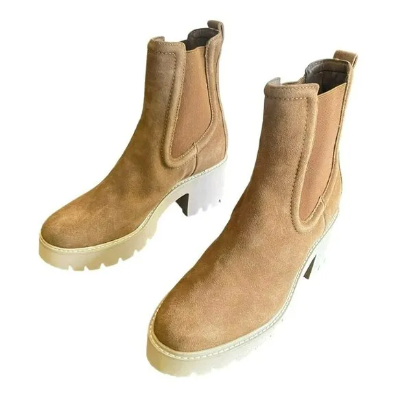 Dolce Vita Suede Sz 8.5 Lug Boots Almond Toe and Gore Side Pull On Panels