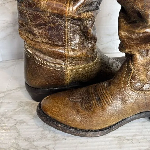 DOUBLE H Western Distressed Tan Brown Slouch Boots Womens 7.5 M rodeo concert
