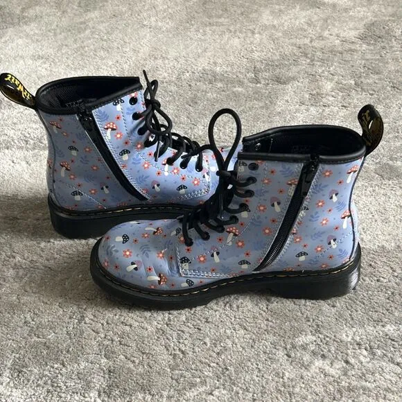 Dr Doc Martens Boots Girls 4 Woodland Mushroom Floral Blue Patent Leather Zip