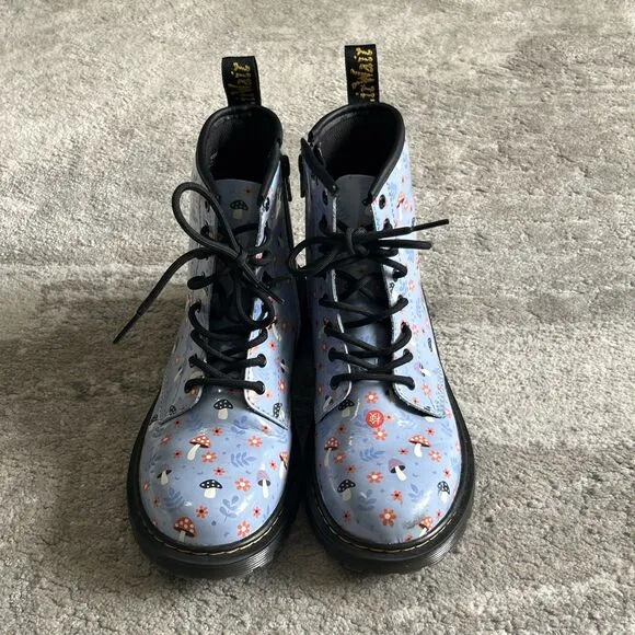Dr Doc Martens Boots Girls 4 Woodland Mushroom Floral Blue Patent Leather Zip