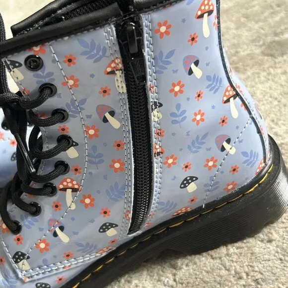 Dr Doc Martens Boots Girls 4 Woodland Mushroom Floral Blue Patent Leather Zip