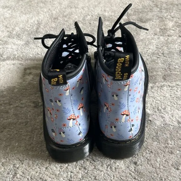 Dr Doc Martens Boots Girls 4 Woodland Mushroom Floral Blue Patent Leather Zip