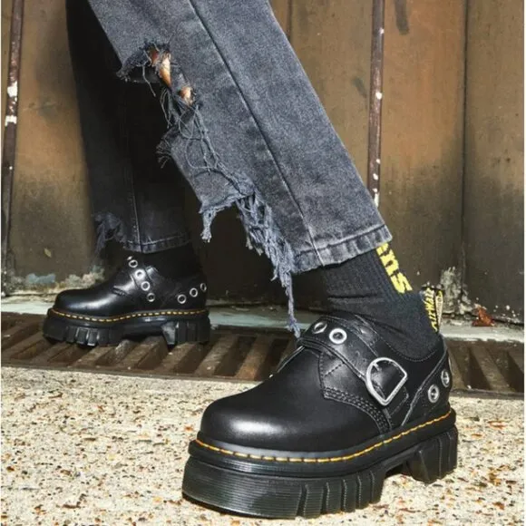 Dr. Martens Audrick Hardware Leather Platform Shoes in Black Women's Size 7