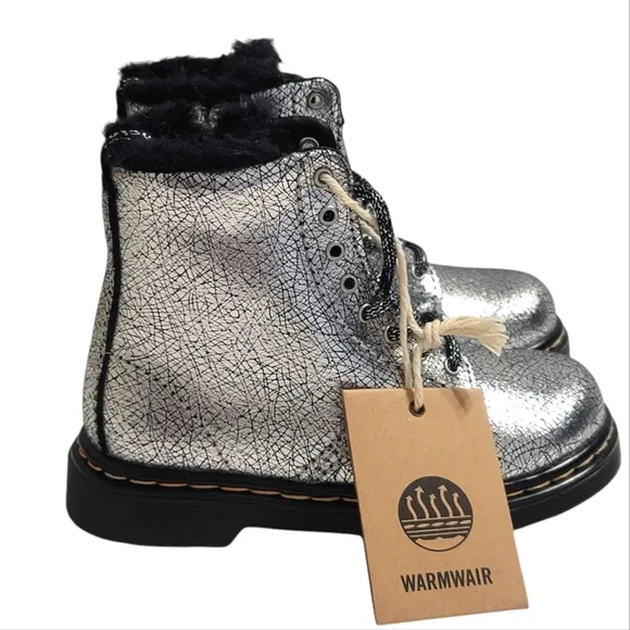 Dr Martens Boots Casual Kids Shoes Metallic Silver Embossed Leather Girls Size 8
