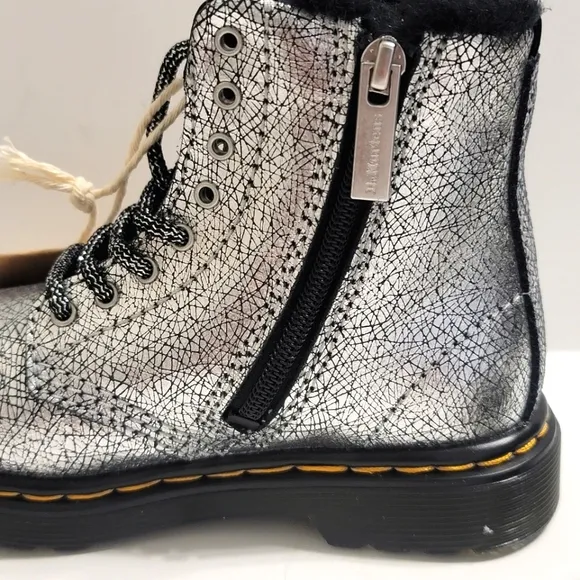 Dr Martens Boots Casual Kids Shoes Metallic Silver Embossed Leather Girls Size 8