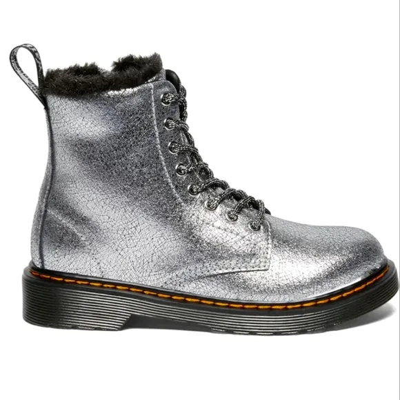 Dr Martens Boots Casual Kids Shoes Metallic Silver Embossed Leather Girls Size 8