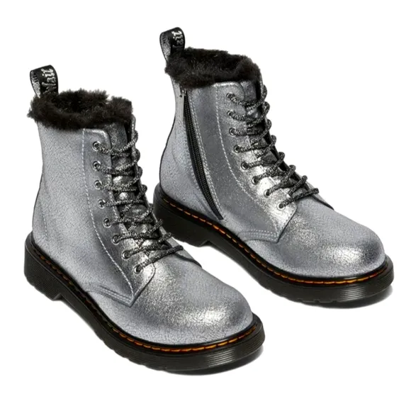 Dr Martens Boots Casual Kids Shoes Metallic Silver Embossed Leather Girls Size 8