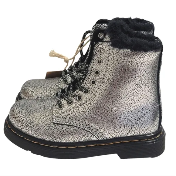 Dr Martens Boots Casual Kids Shoes Metallic Silver Embossed Leather Girls Size 8
