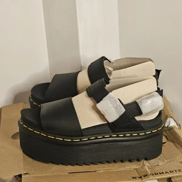 Dr. Martens Voss Quad Black Hydro Leather Platform Doc Sandals - Women's Size 7
