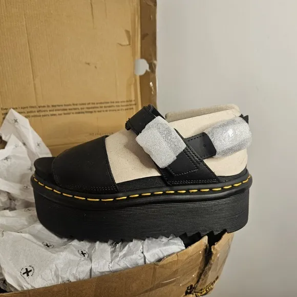 Dr. Martens Voss Quad Black Hydro Leather Platform Doc Sandals - Women's Size 7