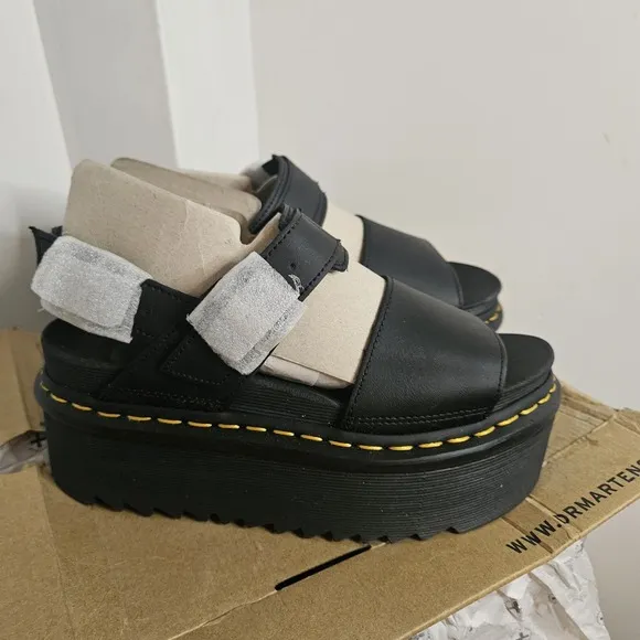 Dr. Martens Voss Quad Black Hydro Leather Platform Doc Sandals - Women's Size 7
