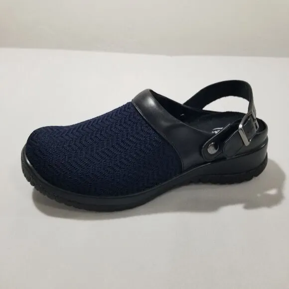 Drew Clogs 7.5 Savannah Black Shoes Womens Ankle Strap Navy Wavy Stretch NEW