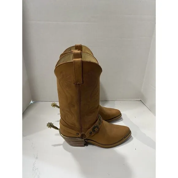 Durango Youth Cowboy Boots Removable Spurs Size 6.5M Tan Conch Chain