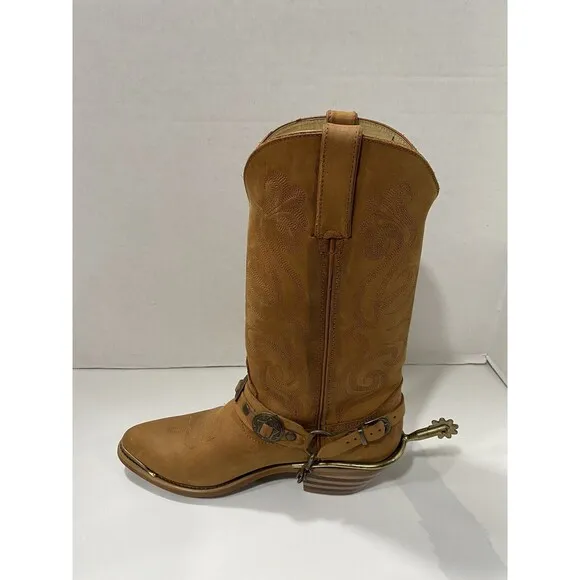 Durango Youth Cowboy Boots Removable Spurs Size 6.5M Tan Conch Chain