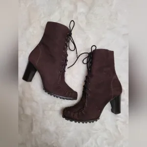 DVF Diane Von Furstenberg Suede Leather Lace-Up Up Heel Boots Brown Size8.5 Fall
