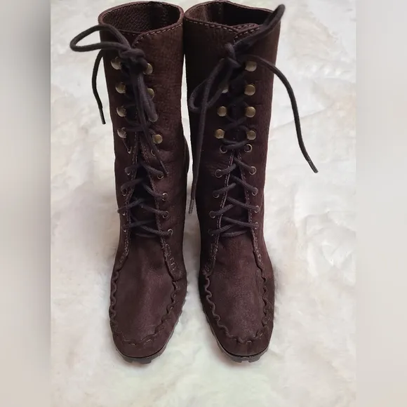 DVF Diane Von Furstenberg Suede Leather Lace-Up Up Heel Boots Brown Size8.5 Fall