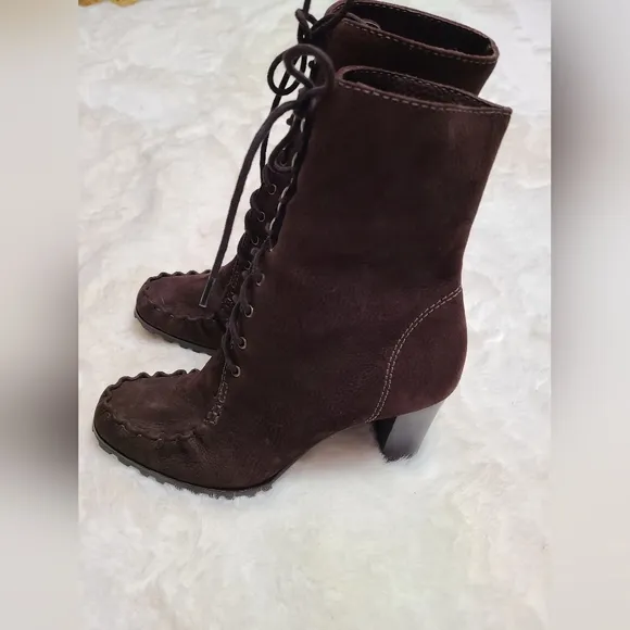 DVF Diane Von Furstenberg Suede Leather Lace-Up Up Heel Boots Brown Size8.5 Fall