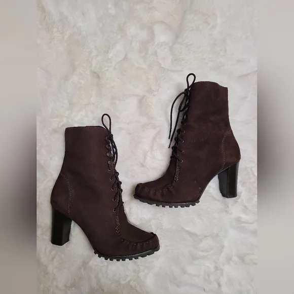DVF Diane Von Furstenberg Suede Leather Lace-Up Up Heel Boots Brown Size8.5 Fall