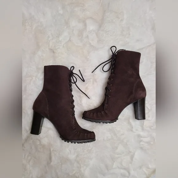 DVF Diane Von Furstenberg Suede Leather Lace-Up Up Heel Boots Brown Size8.5 Fall
