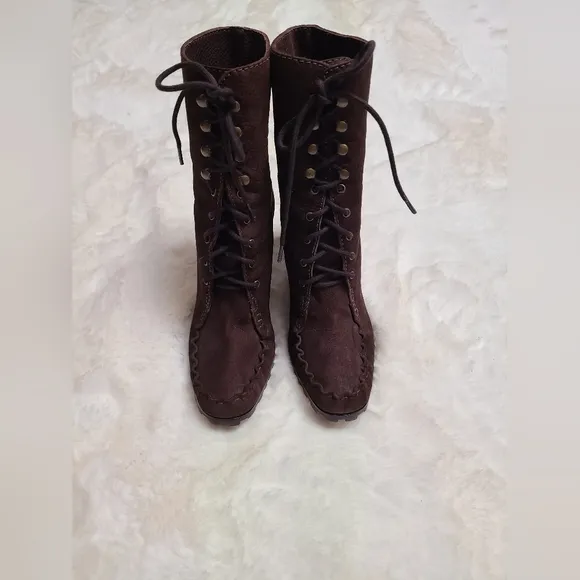 DVF Diane Von Furstenberg Suede Leather Lace-Up Up Heel Boots Brown Size8.5 Fall