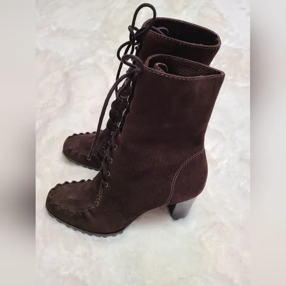 DVF Diane Von Furstenberg Suede Leather Lace-Up Up Heel Boots Brown Size8.5 Fall