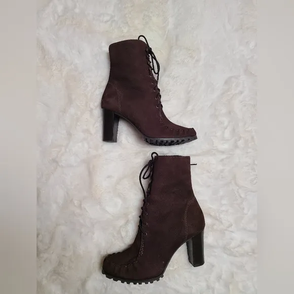 DVF Diane Von Furstenberg Suede Leather Lace-Up Up Heel Boots Brown Size8.5 Fall