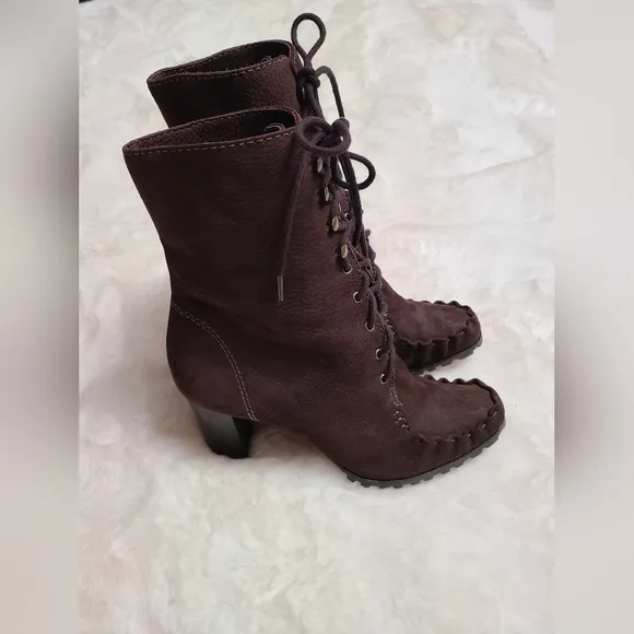 DVF Diane Von Furstenberg Suede Leather Lace-Up Up Heel Boots Brown Size8.5 Fall