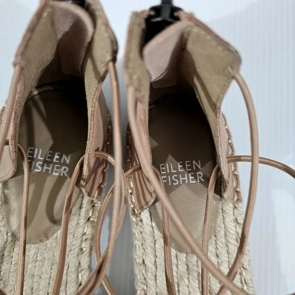 Eileen Fisher Sandal Elastic Lace Up Espadrille Women Shoe Beige Leather 7