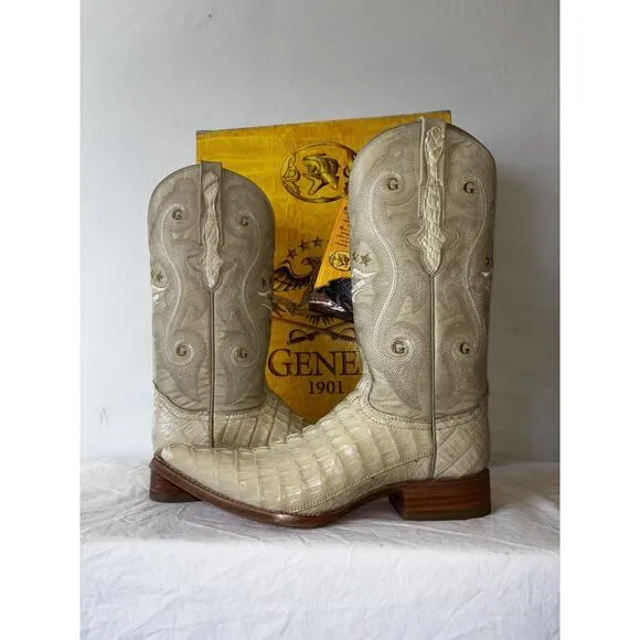 El General Cowboy Boots Exotic Leather Ivory Croc Back Mens Sz 6.5