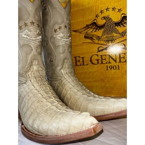 El General Cowboy Boots Exotic Leather Ivory Croc Back Mens Sz 6.5