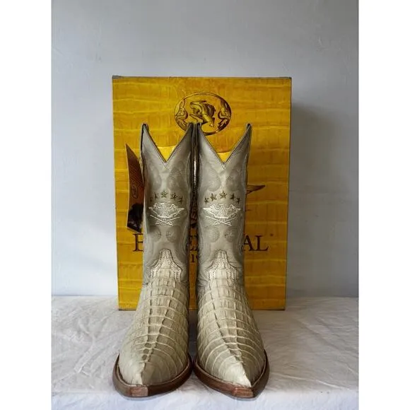 El General Cowboy Boots Exotic Leather Ivory Croc Back Mens Sz 6.5