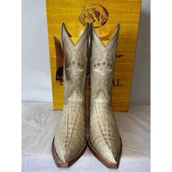 El General Cowboy Boots Exotic Leather Ivory Croc Back Mens Sz 6.5
