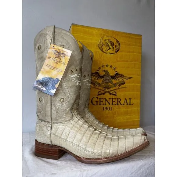 El General Cowboy Boots Exotic Leather Ivory Croc Back Mens Sz 6.5