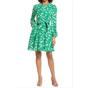 Eliza J Long Sleeve Floral Dress, Green, Size 14