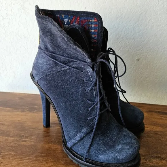 ELIZABETH &amp; JAMES Navy Suede Leather E-Base Stiletto Ankle Boots 7.5 Womens