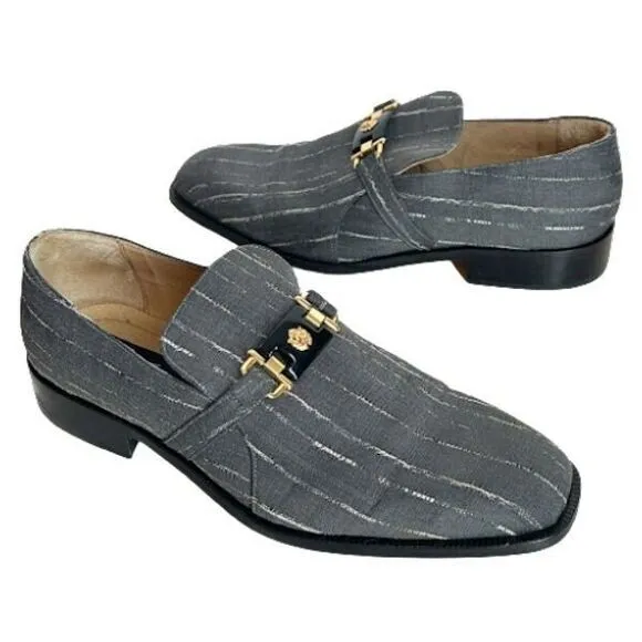 Emilio Franco Mens 10 Dress Shoes Gray White Stripe Gold Lion Head Horse Bit