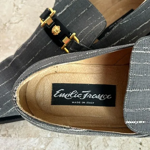 Emilio Franco Mens 10 Dress Shoes Gray White Stripe Gold Lion Head Horse Bit