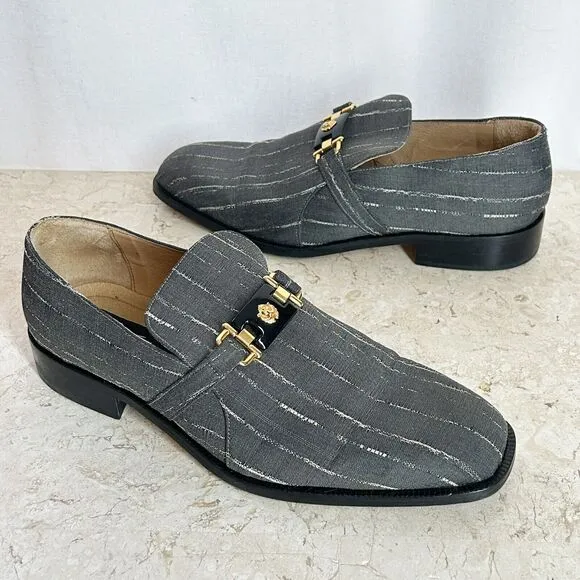 Emilio Franco Mens 10 Dress Shoes Gray White Stripe Gold Lion Head Horse Bit