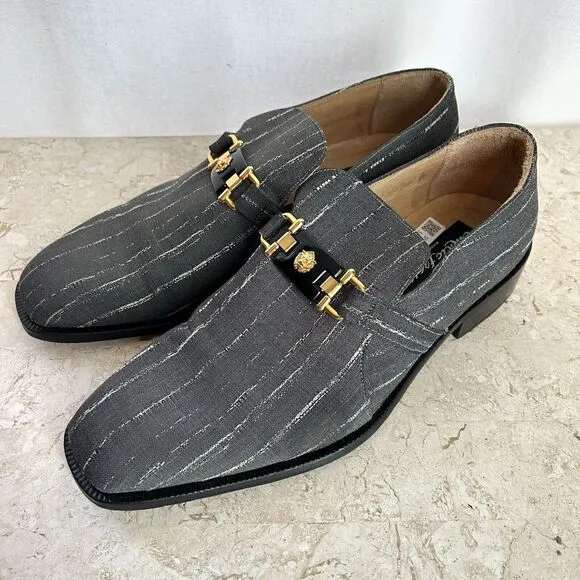 Emilio Franco Mens 10 Dress Shoes Gray White Stripe Gold Lion Head Horse Bit