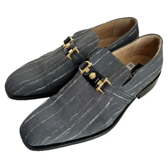 Emilio Franco Mens 10 Dress Shoes Gray White Stripe Gold Lion Head Horse Bit