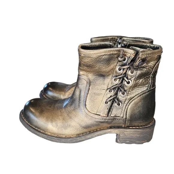 ERIC MICHAEL Dk Gold Bronze Metallic Leather BRENNERO Moto Boots $208 Sz 36 US 6