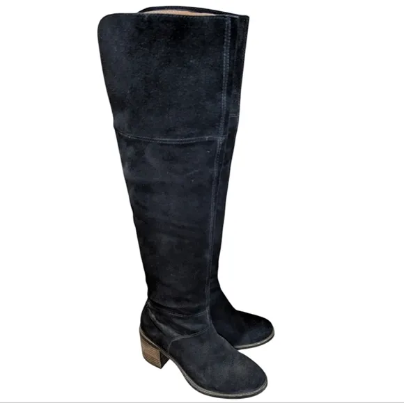 EUC Lucky Brand Rayla Black Suede Over The Knee Zip Block Heel Boots 7