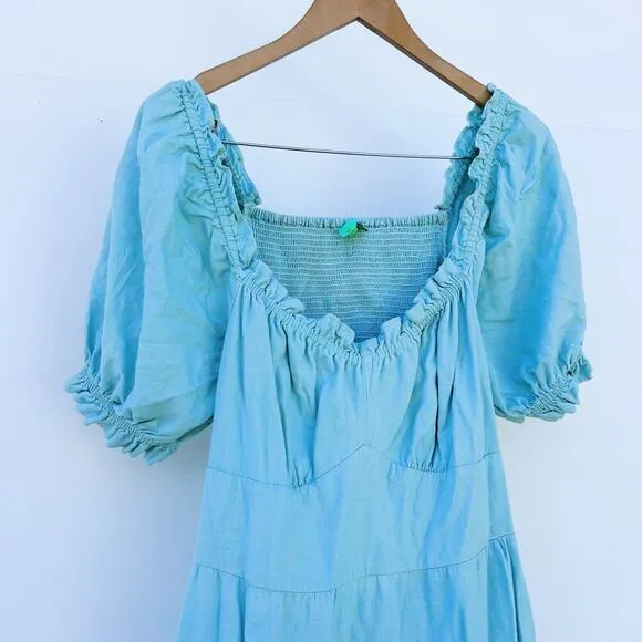 Farm Rio Puff Sleeve Maxi Dress Backless Cut Out Blue Prairie Large
