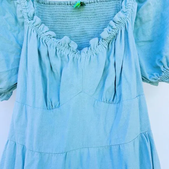 Farm Rio Puff Sleeve Maxi Dress Backless Cut Out Blue Prairie Large