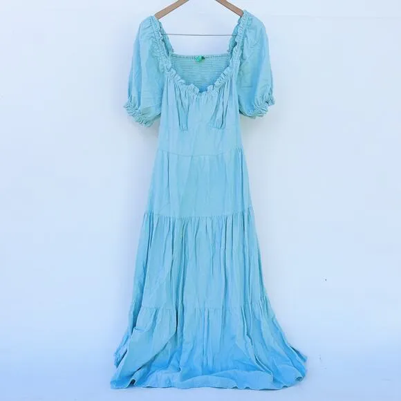 Farm Rio Puff Sleeve Maxi Dress Backless Cut Out Blue Prairie Large