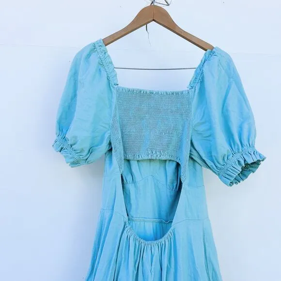 Farm Rio Puff Sleeve Maxi Dress Backless Cut Out Blue Prairie Large