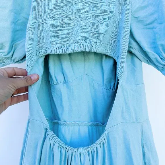 Farm Rio Puff Sleeve Maxi Dress Backless Cut Out Blue Prairie Large