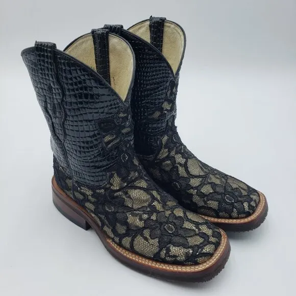 Ferrini Lace Western Cowboy Boots 6.5 Womens Snake Skin Python Cowgirl Black